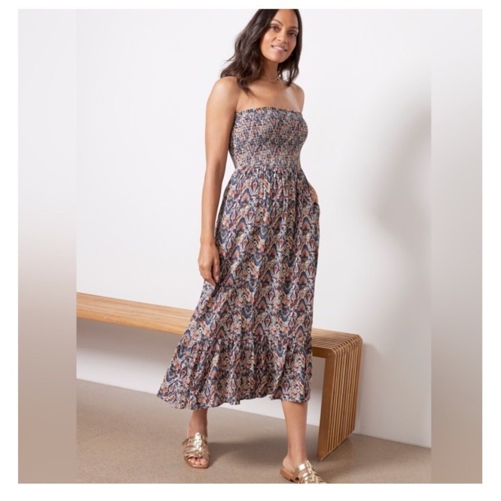 Evereve Laine Dress Sz S‎ Smocked Strapless Multikat Festival Boho Nwt